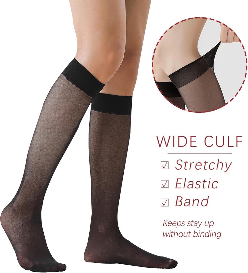 FeinYee 6 Pairs Knee High Stockings for Women, Elastic Fine Sheer Socks with Reinforced Toes 20 Denier Nylon One Size - Image 2